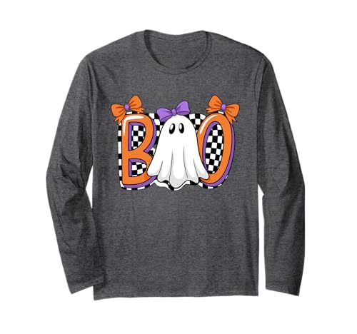 Süßes Ghost Boo Halloween-Mädchen - Gruseliges Retro-Karomuster für Damen Langarmshirt von Halloween BooCrew Apparel.USA