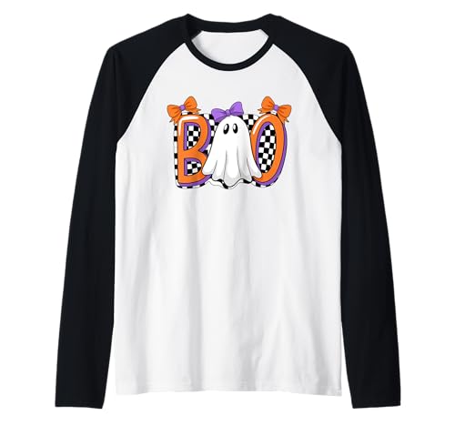 Süßes Ghost Boo Halloween-Mädchen - Gruseliges Retro-Karomuster für Damen Raglan von Halloween BooCrew Apparel.USA