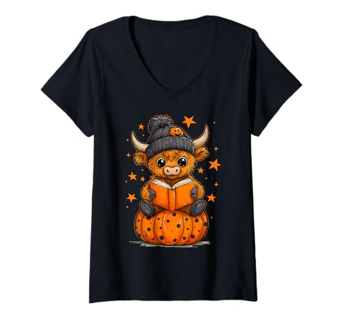 Damen Buchliebhaber Halloween Hochlandkuh Kürbis Lesen T-Shirt mit V-Ausschnitt Damen Buchliebhaber Halloween Hochlandkuh Kürbis Lesen T-Shirt mit V-Ausschnitt von Halloween Book Lover