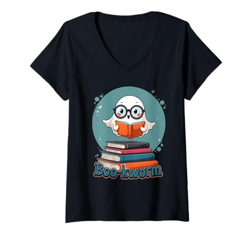 Damen Boo Kworm Halloween Ghost Reader T-Shirt mit V-Ausschnitt Damen Boo Kworm Halloween Ghost Reader T-Shirt mit V-Ausschnitt von Halloween Book Lovers Club
