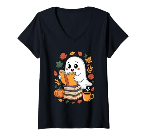 Damen Niedliche Geister-Lesebücher – Herbst-Halloween-Buchliebhaber-Design T-Shirt mit V-Ausschnitt Damen Niedliche Geister-Lesebücher – Herbst-Halloween-Buchliebhaber-Design T-Shirt mit V-Ausschnitt von Halloween Book Worm Design Vibes