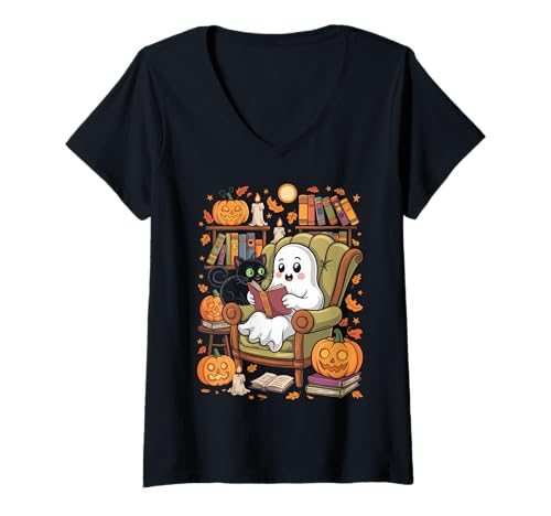 Damen Ghost Library Reading Books Halloween Men Women Kids T-Shirt mit V-Ausschnitt Damen Ghost Library Reading Books Halloween Men Women Kids T-Shirt mit V-Ausschnitt von Halloween Bookish Ghosts Reading Book Lover
