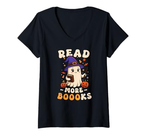 Damen Lesen Sie mehr Bücher Ghost Reading Halloween Lehrer Frauen T-Shirt mit V-Ausschnitt Damen Lesen Sie mehr Bücher Ghost Reading Halloween Lehrer Frauen T-Shirt mit V-Ausschnitt von Halloween Books Tee Shirts For Teachers Women Kids