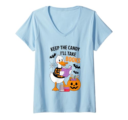 Damen Keep The Candy I'll Take Books Enten-Skelett T-Shirt mit V-Ausschnitt Damen Keep The Candy I'll Take Books Enten-Skelett T-Shirt mit V-Ausschnitt von Halloween Bookworm Duck Skeleton Reading