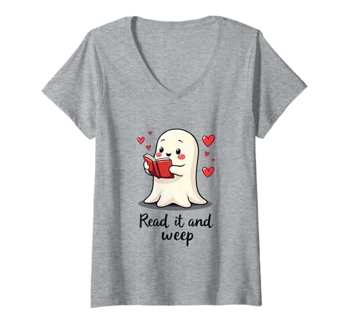 Damen Read It and Weep Halloween Ghost T-Shirt mit V-Ausschnitt Damen Read It and Weep Halloween Ghost T-Shirt mit V-Ausschnitt von Halloween Bookworm Haunt Club