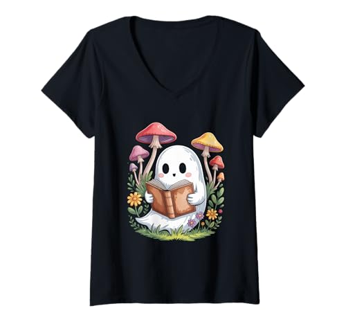 Damen Boo Cottagecore Buchleser Niedlicher Geist Halloween Bücherwurm T-Shirt mit V-Ausschnitt Damen Boo Cottagecore Buchleser Niedlicher Geist Halloween Bücherwurm T-Shirt mit V-Ausschnitt von Halloween Bookworm Spooky Book Vibes