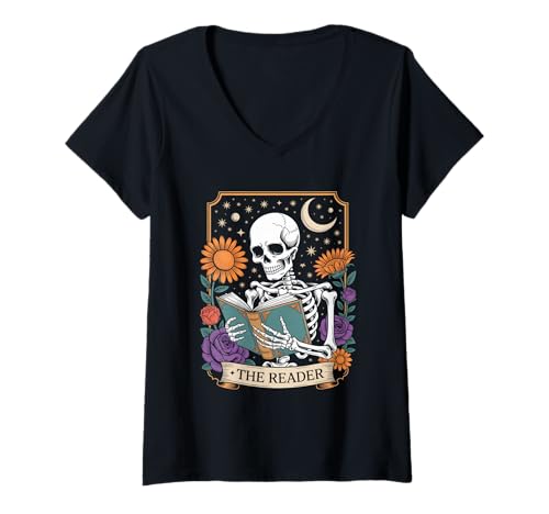 Damen Buchleser Skelett Tarotkarte Halloween Bücherwurm T-Shirt mit V-Ausschnitt Damen Buchleser Skelett Tarotkarte Halloween Bücherwurm T-Shirt mit V-Ausschnitt von Halloween Bookworm Spooky Book Vibes
