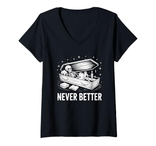 Damen Never Better Skelett Buch Leser Grab Halloween Bücherwurm T-Shirt mit V-Ausschnitt Damen Never Better Skelett Buch Leser Grab Halloween Bücherwurm T-Shirt mit V-Ausschnitt von Halloween Bookworm Spooky Book Vibes