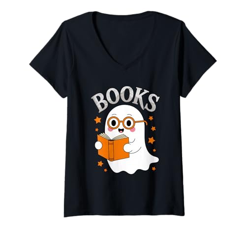 Damen Niedliche Cartoon-Kawaii-Geisterbücher Boo Halloween Bücherwurm T-Shirt mit V-Ausschnitt Damen Niedliche Cartoon-Kawaii-Geisterbücher Boo Halloween Bücherwurm T-Shirt mit V-Ausschnitt von Halloween Bookworm Spooky Book Vibes