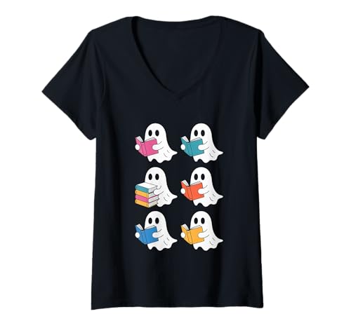 Damen Niedlicher Cartoon-Kawaii-Geister-Buchleser Boo Halloween Bücherwurm T-Shirt mit V-Ausschnitt Damen Niedlicher Cartoon-Kawaii-Geister-Buchleser Boo Halloween Bücherwurm T-Shirt mit V-Ausschnitt von Halloween Bookworm Spooky Book Vibes
