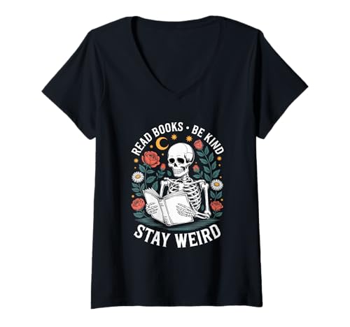 Damen Read Books Be Kind Stay Weird Skelett Halloween Bücherwurm T-Shirt mit V-Ausschnitt Damen Read Books Be Kind Stay Weird Skelett Halloween Bücherwurm T-Shirt mit V-Ausschnitt von Halloween Bookworm Spooky Book Vibes