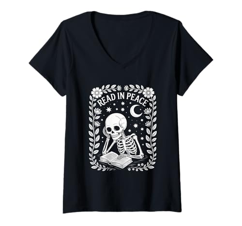 Damen Read In Peace Skelett Buch Leser Halloween Bücherwurm T-Shirt mit V-Ausschnitt Damen Read In Peace Skelett Buch Leser Halloween Bücherwurm T-Shirt mit V-Ausschnitt von Halloween Bookworm Spooky Book Vibes