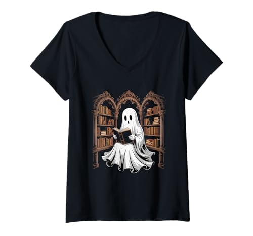 Damen Scary Boo Ghost Bibliothekar Buchleser Halloween-Bücherwurm T-Shirt mit V-Ausschnitt Damen Scary Boo Ghost Bibliothekar Buchleser Halloween-Bücherwurm T-Shirt mit V-Ausschnitt von Halloween Bookworm Spooky Book Vibes