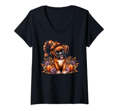 Damen Boxer Dog Halloween Witch Graphic with Floral Fall Pumpkins T-Shirt mit V-Ausschnitt Damen Boxer Dog Halloween Witch Graphic with Floral Fall Pumpkins T-Shirt mit V-Ausschnitt von Halloween Boxer Dog Gifts For Women Men And Kids