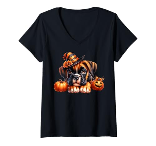 Damen Boxer Dog Puppy In Witch Hat Halloween Pumpkins for Witches T-Shirt mit V-Ausschnitt Damen Boxer Dog Puppy In Witch Hat Halloween Pumpkins for Witches T-Shirt mit V-Ausschnitt von Halloween Boxer Dog Gifts For Women Men And Kids
