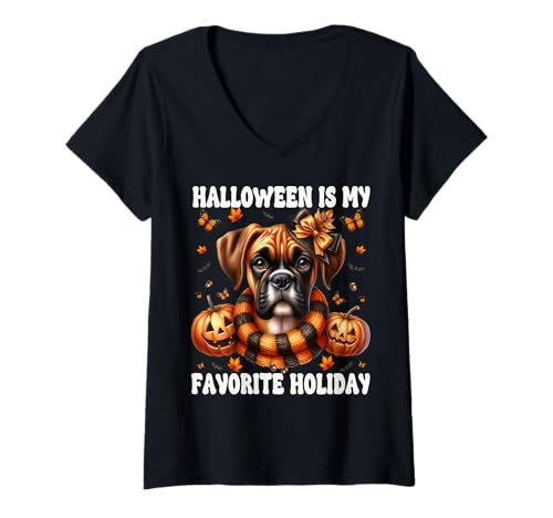 Damen Cute Halloween is My Favorite Holiday Graphic for Boxer Mom T-Shirt mit V-Ausschnitt Damen Cute Halloween is My Favorite Holiday Graphic for Boxer Mom T-Shirt mit V-Ausschnitt von Halloween Boxer Dog Gifts For Women Men And Kids
