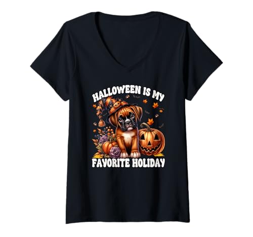 Damen Halloween is My Favorite Holiday Graphic for Boxer Mom T-Shirt mit V-Ausschnitt Damen Halloween is My Favorite Holiday Graphic for Boxer Mom T-Shirt mit V-Ausschnitt von Halloween Boxer Dog Gifts For Women Men And Kids