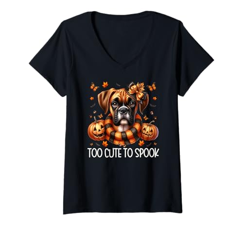 Damen Too Cute to Spook Graphic for Women Boxer Dog Halloween T-Shirt mit V-Ausschnitt Damen Too Cute to Spook Graphic for Women Boxer Dog Halloween T-Shirt mit V-Ausschnitt von Halloween Boxer Dog Gifts For Women Men And Kids