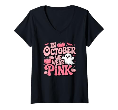 Damen Im Oktober tragen wir rosa Geisterkürbisse T-Shirt mit V-Ausschnitt Damen Im Oktober tragen wir rosa Geisterkürbisse T-Shirt mit V-Ausschnitt von Halloween Breast Cancer Awareness Pink October