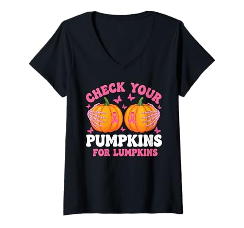 Damen Check Your Pumpkins Women Breast Cancer Awareness Halloween T-Shirt mit V-Ausschnitt Damen Check Your Pumpkins Women Breast Cancer Awareness Halloween T-Shirt mit V-Ausschnitt von Halloween Breast Cancer Awareness Shirt