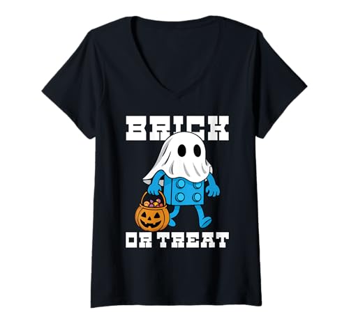 Damen Brick Or Treat Bausteinbau Halloween Brick Master T-Shirt mit V-Ausschnitt Damen Brick Or Treat Bausteinbau Halloween Brick Master T-Shirt mit V-Ausschnitt von Halloween Brick Builder Kids Building Blocks Funny