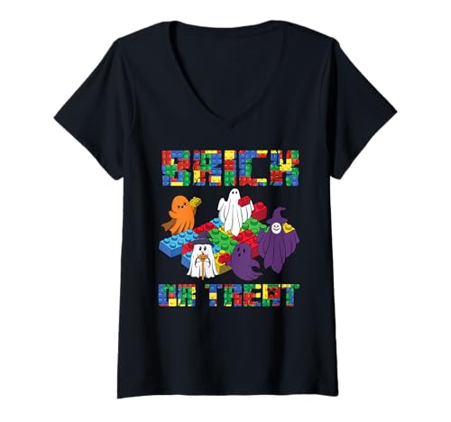 Damen Brick Or Treat Brick Block Building Halloween-Meister Builder T-Shirt mit V-Ausschnitt Damen Brick Or Treat Brick Block Building Halloween-Meister Builder T-Shirt mit V-Ausschnitt von Halloween Brick Builder Kids Building Blocks Funny