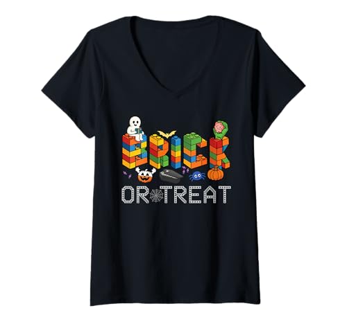Damen Brick Or Treat Brick Master Builder Blockbau Halloween T-Shirt mit V-Ausschnitt Damen Brick Or Treat Brick Master Builder Blockbau Halloween T-Shirt mit V-Ausschnitt von Halloween Brick Builder Kids Building Blocks Funny