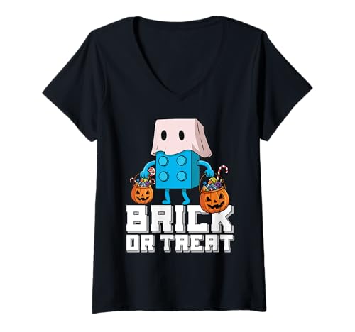 Damen Brick Or Treat Brick Master Builder Halloween-Blockbau T-Shirt mit V-Ausschnitt Damen Brick Or Treat Brick Master Builder Halloween-Blockbau T-Shirt mit V-Ausschnitt von Halloween Brick Builder Kids Building Blocks Funny