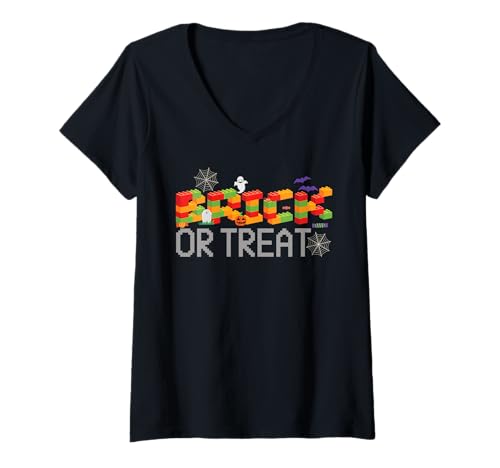 Damen Brick Or Treat Halloween-Blockbaumeister T-Shirt mit V-Ausschnitt Damen Brick Or Treat Halloween-Blockbaumeister T-Shirt mit V-Ausschnitt von Halloween Brick Builder Kids Building Blocks Funny
