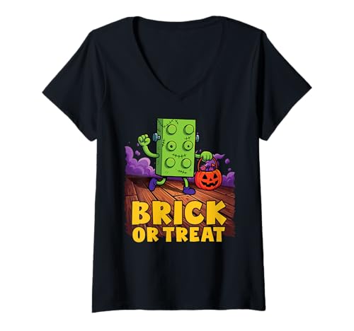 Damen Brick Or Treat Master Builder Halloween Süßes oder Saures T-Shirt mit V-Ausschnitt Damen Brick Or Treat Master Builder Halloween Süßes oder Saures T-Shirt mit V-Ausschnitt von Halloween Brick Builder Kids Building Blocks Funny