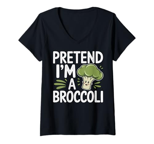 Damen Pretend I'm A Broccoli T-Shirt mit V-Ausschnitt Damen Pretend I'm A Broccoli T-Shirt mit V-Ausschnitt von Halloween Brokkoli Gemüse Grün Faules Kostüm