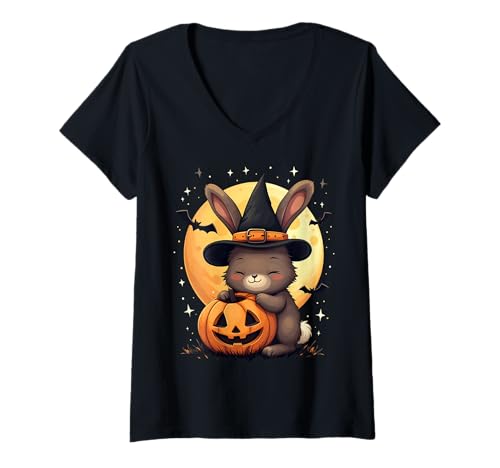 Damen Halloween Bunny Hexenhut Kürbis Gruselig T-Shirt mit V-Ausschnitt Damen Halloween Bunny Hexenhut Kürbis Gruselig T-Shirt mit V-Ausschnitt von Halloween Bunnys Pumpkins Bats Costumes Tees