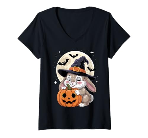 Damen Halloween Bunny Hexenhut Kürbis Gruselig T-Shirt mit V-Ausschnitt Damen Halloween Bunny Hexenhut Kürbis Gruselig T-Shirt mit V-Ausschnitt von Halloween Bunnys Pumpkins Bats Tees Costumes
