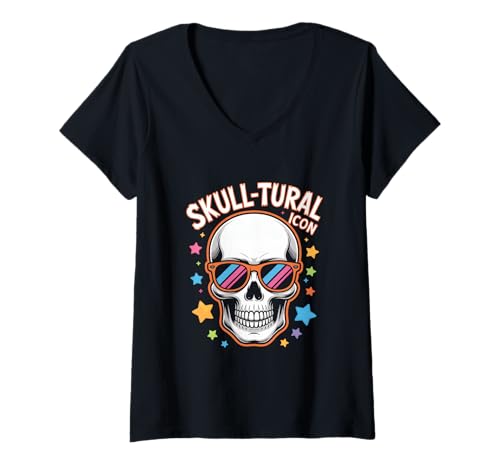 Damen Skull Tural Icon Halloween Mit Cooler Sonnenbrille T-Shirt mit V-Ausschnitt Damen Skull Tural Icon Halloween Mit Cooler Sonnenbrille T-Shirt mit V-Ausschnitt von Halloween Bunter Sterne Look