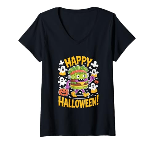 Damen Happy Halloween Monsterburger Geister Kürbis Party T-Shirt mit V-Ausschnitt Damen Happy Halloween Monsterburger Geister Kürbis Party T-Shirt mit V-Ausschnitt von Halloween Burger Monster Geister Kürbis Spaß