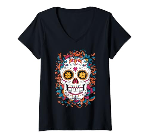 Damen Halloween-Zuckerschädel mit Calavera Dia De Los Muertos T-Shirt mit V-Ausschnitt Damen Halloween-Zuckerschädel mit Calavera Dia De Los Muertos T-Shirt mit V-Ausschnitt von Halloween Calavera Dia De Los Muertos Sugar Skull