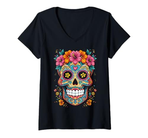 Damen Halloween-Zuckerschädel Calavera T-Shirt mit V-Ausschnitt Damen Halloween-Zuckerschädel Calavera T-Shirt mit V-Ausschnitt von Halloween Calavera Sugar Skull Costumes Tees Co
