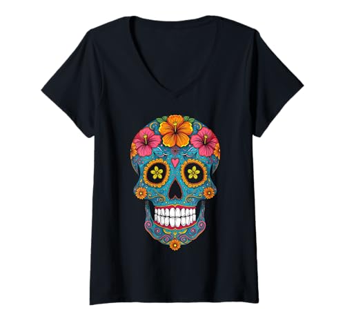 Damen Halloween-Zuckerschädel Calavera T-Shirt mit V-Ausschnitt Damen Halloween-Zuckerschädel Calavera T-Shirt mit V-Ausschnitt von Halloween Calavera Sugar Skull Costumes Tees Co