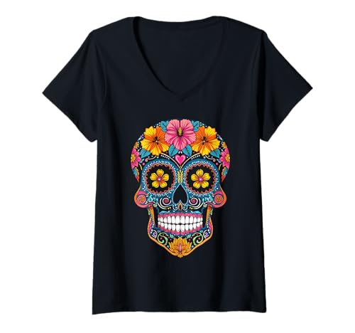 Damen Halloween-Zuckerschädel Calavera T-Shirt mit V-Ausschnitt Damen Halloween-Zuckerschädel Calavera T-Shirt mit V-Ausschnitt von Halloween Calavera Sugar Skull Costumes Tees