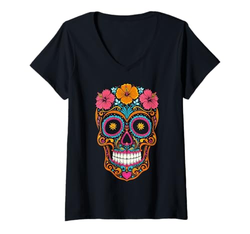 Damen Halloween-Zuckerschädel Calavera T-Shirt mit V-Ausschnitt Damen Halloween-Zuckerschädel Calavera T-Shirt mit V-Ausschnitt von Halloween Calavera Sugar Skull Costumes Tees