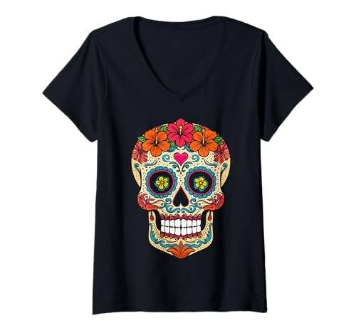 Damen Halloween-Zuckerschädel Calavera T-Shirt mit V-Ausschnitt Damen Halloween-Zuckerschädel Calavera T-Shirt mit V-Ausschnitt von Halloween Calavera Sugar Skull Costumes Tees