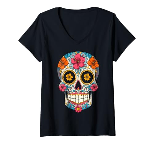 Damen Sugar Skull Calavera Halloween T-Shirt mit V-Ausschnitt Damen Sugar Skull Calavera Halloween T-Shirt mit V-Ausschnitt von Halloween Calavera Sugar Skull Tees Apparel
