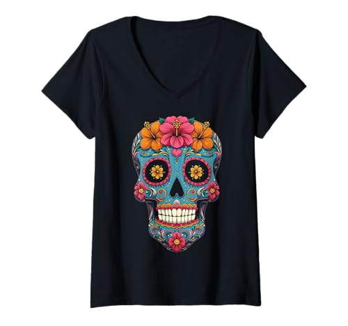 Damen Sugar Skull Calavera Halloween T-Shirt mit V-Ausschnitt Damen Sugar Skull Calavera Halloween T-Shirt mit V-Ausschnitt von Halloween Calavera Sugar Skull Tees