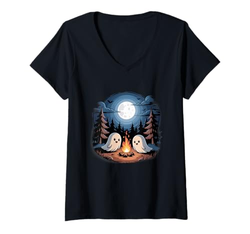 Damen Boo Camper Hiker Ghost Bonfire Halloweencamping T-Shirt mit V-Ausschnitt Damen Boo Camper Hiker Ghost Bonfire Halloweencamping T-Shirt mit V-Ausschnitt von Halloween Camping Spooky Outdoor Fun