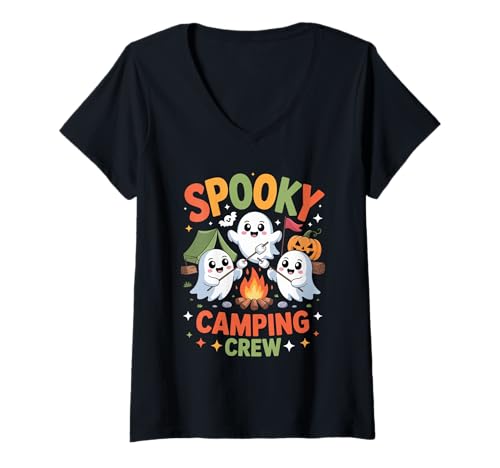 Damen Gruselige Camping Crew Camper Wanderer Halloween Camping T-Shirt mit V-Ausschnitt Damen Gruselige Camping Crew Camper Wanderer Halloween Camping T-Shirt mit V-Ausschnitt von Halloween Camping Spooky Outdoor Fun