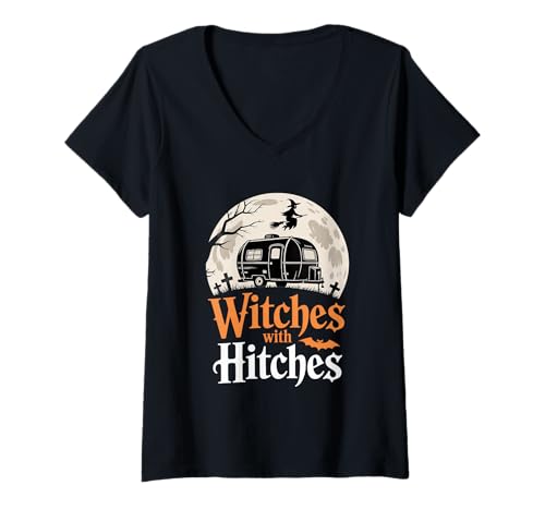 Damen Hexen mit Anhängern, Camper, Wanderer, Halloween-Camping T-Shirt mit V-Ausschnitt Damen Hexen mit Anhängern, Camper, Wanderer, Halloween-Camping T-Shirt mit V-Ausschnitt von Halloween Camping Spooky Outdoor Fun