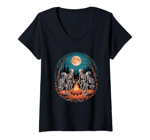 Damen Skelett Camper Wanderer Lagerfeuer Halloween Camping T-Shirt mit V-Ausschnitt Damen Skelett Camper Wanderer Lagerfeuer Halloween Camping T-Shirt mit V-Ausschnitt von Halloween Camping Spooky Outdoor Fun