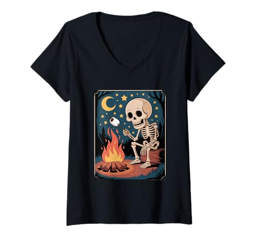 Damen Skelett Eating Smores Wanderer Camper Halloween Camping T-Shirt mit V-Ausschnitt Damen Skelett Eating Smores Wanderer Camper Halloween Camping T-Shirt mit V-Ausschnitt von Halloween Camping Spooky Outdoor Fun