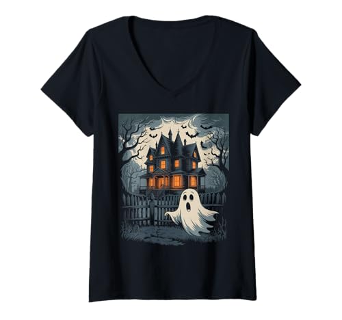 Damen Vintage Geist spukendes Haus Fledermäuse Gothic Halloween T-Shirt mit V-Ausschnitt Damen Vintage Geist spukendes Haus Fledermäuse Gothic Halloween T-Shirt mit V-Ausschnitt von Halloween Camping Tees