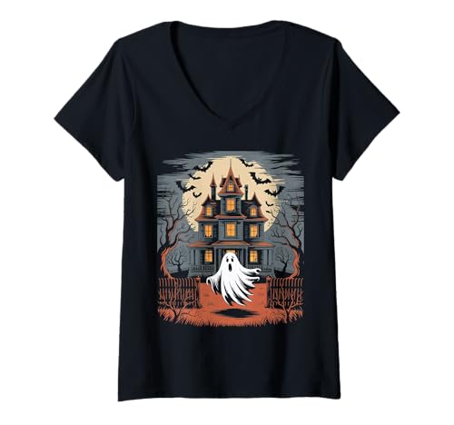 Damen Vintage Geist spukendes Haus Fledermäuse Gothic Halloween T-Shirt mit V-Ausschnitt Damen Vintage Geist spukendes Haus Fledermäuse Gothic Halloween T-Shirt mit V-Ausschnitt von Halloween Camping Tees